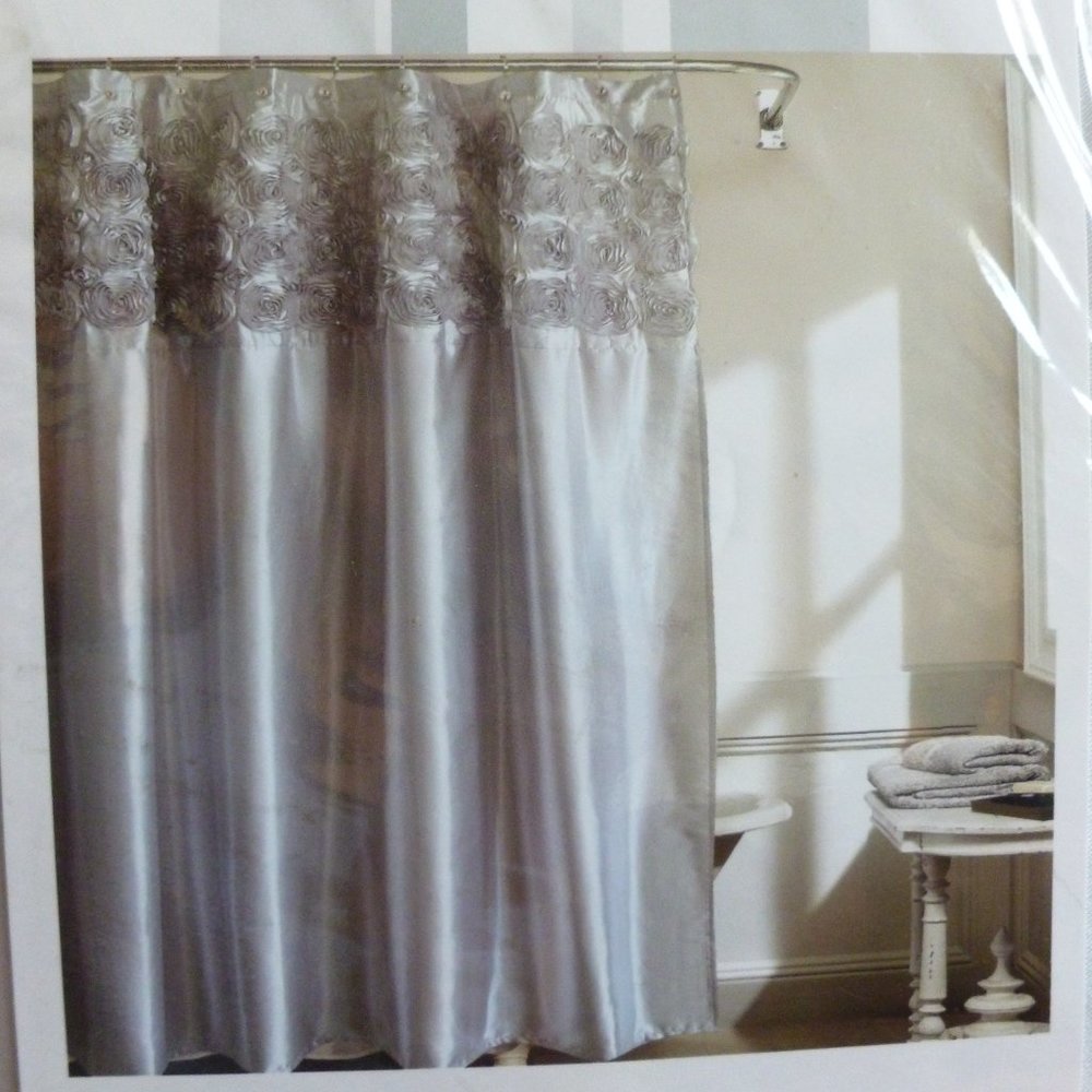 NEW! Glam & Girly Silver Shower Curtain w/ Rosettes by Grammercy Studio 70"x72"